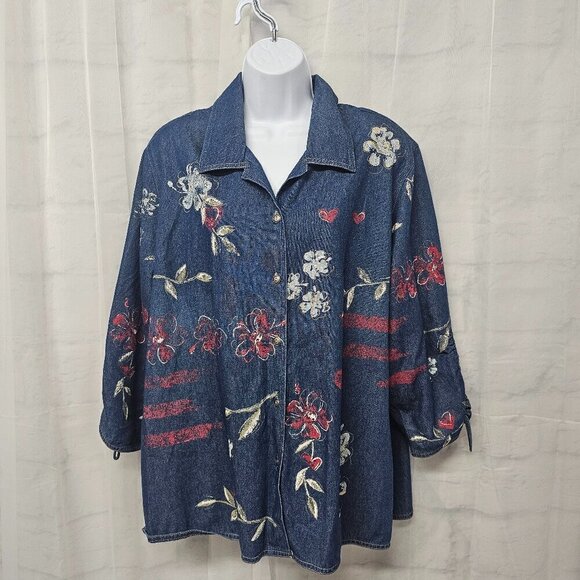Vintage Blue Chambray Blouse "Painted" Floral Studded Ruched Boho Artsy 22W - Picture 1 of 12